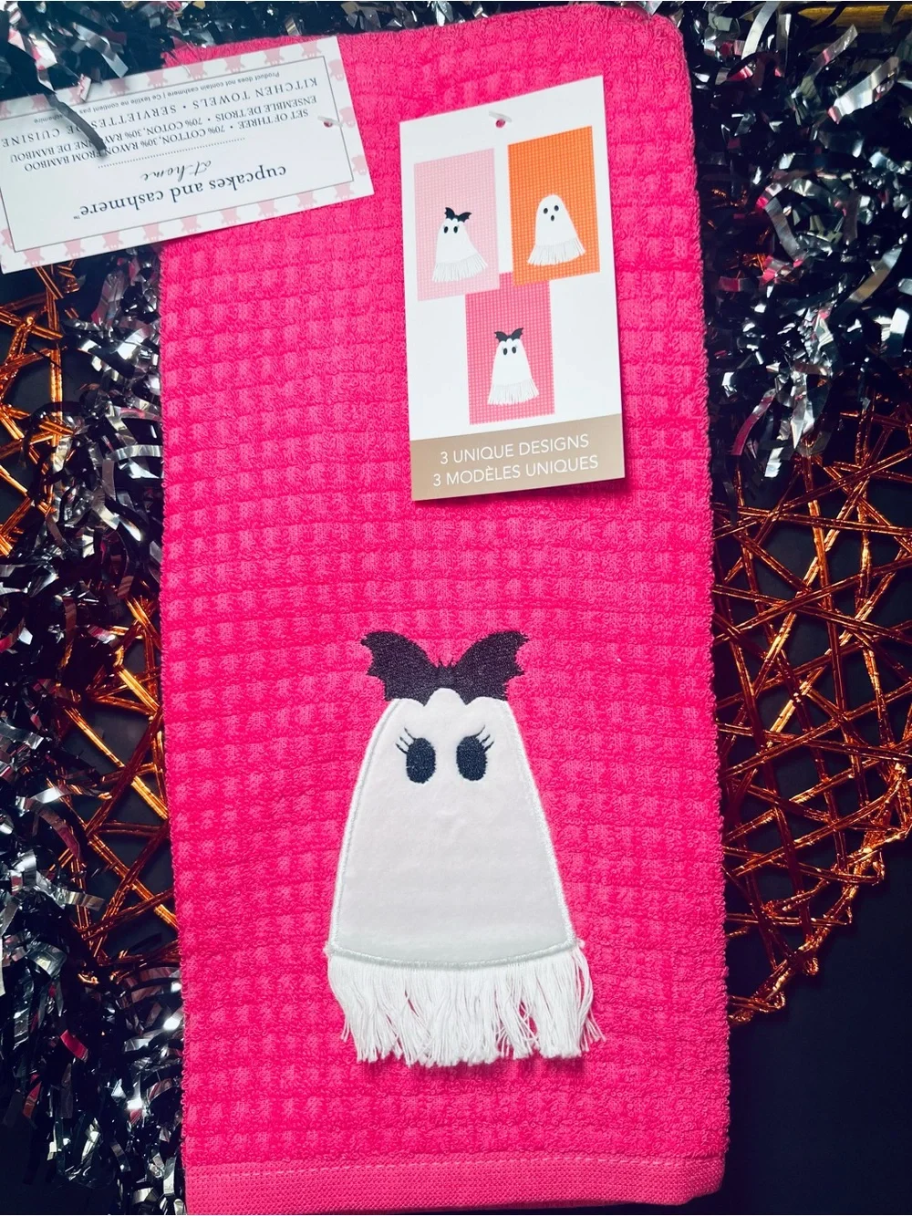 3 Halloween Kitchen Towels Ghost Applique Bright & Light Pink Orange Waffle